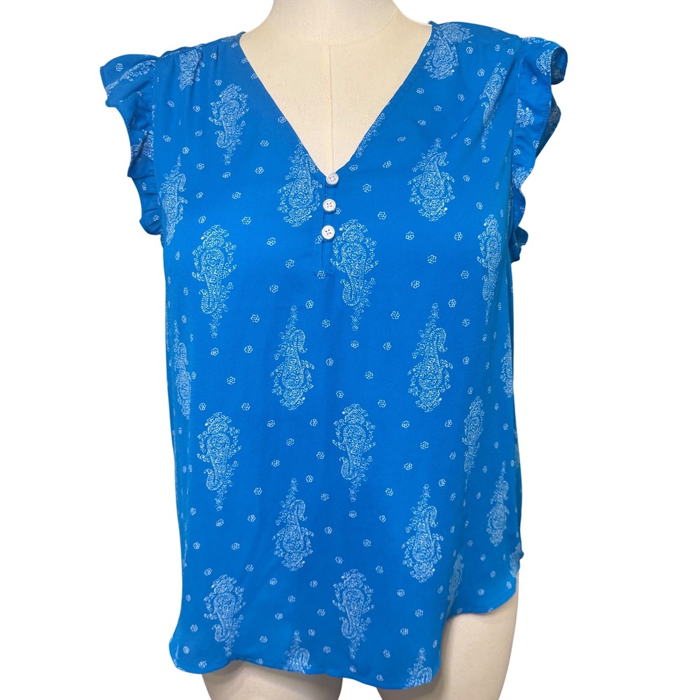 LOFT Outlet Blue Paisley Ruffle Cap Sleeve Henley Blouse V-Neck Top Large Boho‎